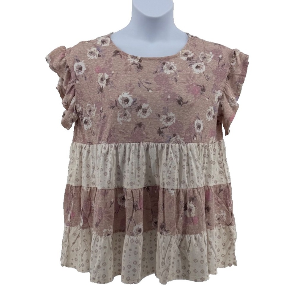 Oddi Floral Cottagecore Babydoll Top Women's Large Pink Ruffle Sleeve Boho